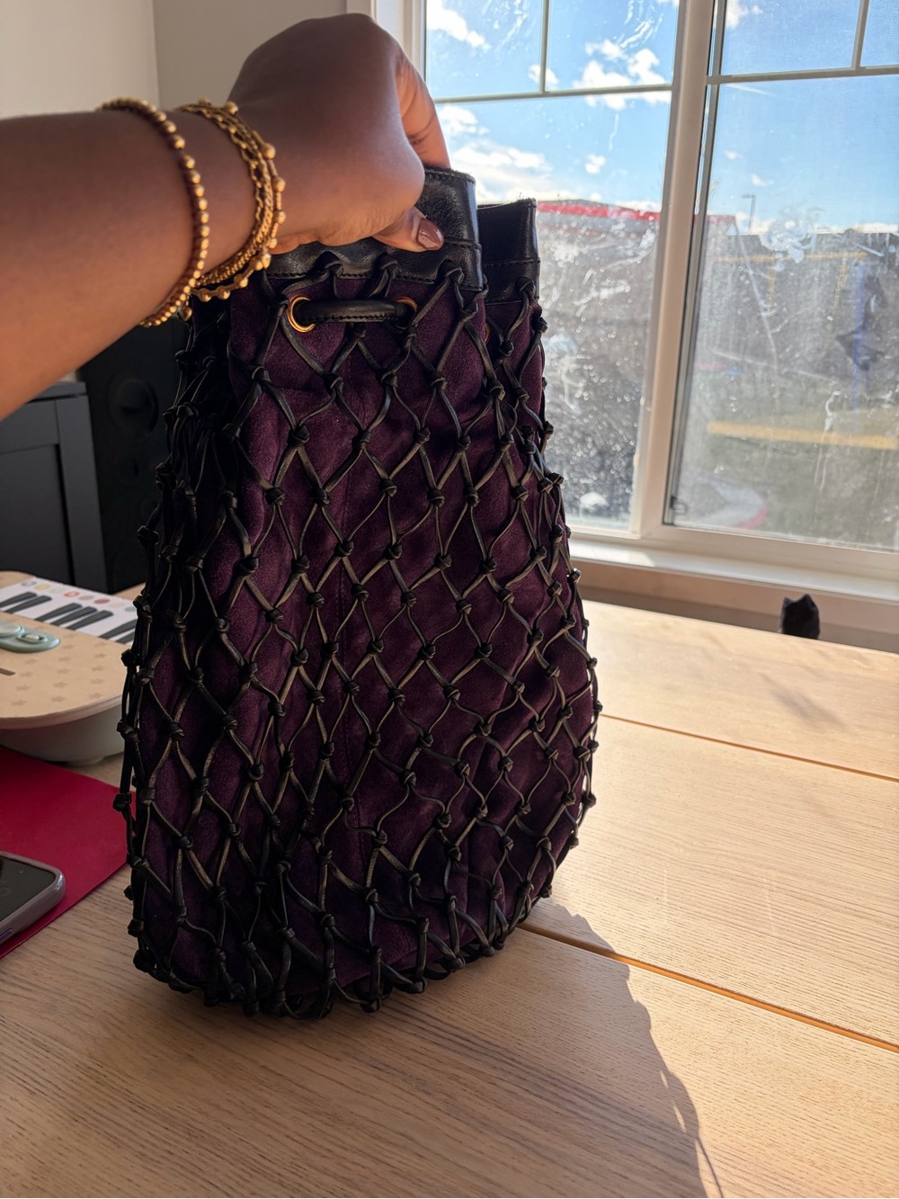 Oasis Purple Drawstring Bucket Bag with Black Netting